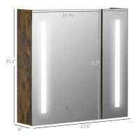 kleankin Lighted Medicine Cabinet with Mirror, 27.5" x 25.5" Wall Mounted Dimmable Bathroom Mirror Cabinet with 3-Tier Storage Shelves, LED Lights, Smart Touch and USB Charge, Dark Wood Grain(m-3)