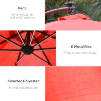 Outsunny 10ft Cantilever Solar Hanging Offset Umbrella Outdoor LED Lights Aluminum Market Banana Parasol Crank w/ Cross Base Garden Sun Shelter Red(m-4)