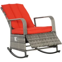 Outsunny Outdoor Wicker Rocking Chair with Cushion, Patio PE Rattan Recliner Chair with Adjustable Footrest, Armrests, Red(m-2)