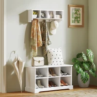 HOMCOM Coat Rack Wall Mount with Shelf, 28" Wall Coat Rack with 5 Hooks and 4 Compartments for Living Room, Entryway, White(m-7)
