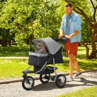 PawHut Luxury One-click Folding Pet Stroller Dog/Cat Travel Carriage with Wheels Adjustable Canopy Zippered Mesh Window Door Grey and Black(m-2)