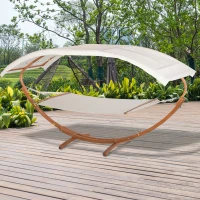 Outsunny Outdoor Hammock with Stand & Accessories, Heavy Duty Wooden Frame, Extra Large Sun Shade Canopy, Indoor Outside Boho Style Nap Bed, Natural Cotton, White(m-10)