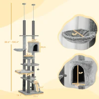 PawHut 89"-100" Floor to Ceiling Cat Tree for Indoor Cats, Activity Center with Cat Perch & Condo, Gray(m-3)