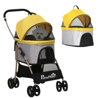PawHut 4 Wheels Pet Stroller, 3 in 1 Dog Cat Travel Folding Carrier, for Small Dogs, Detachable, w/ Brake, Canopy, Basket, Storage Bag - Yellow(m-2)