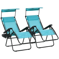 Outsunny 2 Piece Foldable Lounge Chair with Canopy Shade, Outdoor Zero Gravity Chair w/ Side Tray & Cup Holder, Reclining Lounger w/ Breathable Mesh Fabric Seat, Pillow, Sky Blue(m-11)