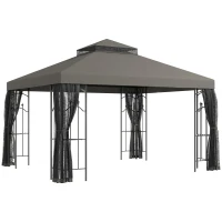 Outsunny 10x12 Gazebo with Shelves, Double Roof, and Netting for Outdoor Use, Perfect for Family Gatherings, Gray(m-11)