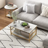 HOMCOM Coffee Tables Set of 2, Rectangle and Round Coffee Table with Storage Shelves, Faux Marble Top, Living Room Table Set(m-8)