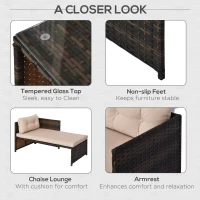 Outsunny 3 Piece Patio Furniture Set, Rattan Outdoor Sofa Set with Chaise Lounge & Loveseat, Soft Cushions, Tempered Glass Table, L-Shaped Sectional Couch, Beige(m-6)