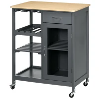 HOMCOM Rolling Kitchen Island with Storage, Kitchen Cart with 4-bottle Wine Rack, Bar Cart with Stemware Holder, Shelves, Drawer and Cabinet, Gray(m-11)