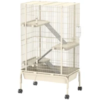 PawHut 47" Small Animal Cage, 4 Levels Large Rolling Metal Ferret Cage w/ 5.9" Deep Tray, Ramps, Water Bottle, Food Dish, Beige(m-1)