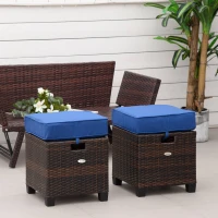 Outsunny 2 PCS Patio Wicker Ottoman Set, Two Square Outdoor PE Rattan Footrest with Removable Cushion, Freely Combined Furniture w/ Handle for Backyard, Garden, Poolside, Blue(m-8)