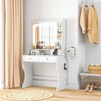 HOMCOM Dressing Table with Lighted Mirror, Vanity Table with Charging Station, USB Ports, Drawers, Storage Shelves, White(m-1)