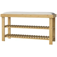 HOMCOM Bamboo Shoe Storage Bench, 3-Tier Entryway Bench with Cushion, Shoe Organizer for Entryway, Hallway, Cream White(m-1)