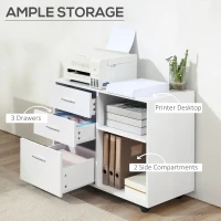 HOMCOM Modern Lateral Filing Cabinet, 3 Drawer File Cabinet for Letter and A4 Size Documents, Mobile, Printer Stand with Open Shelves, Rolling Wheels, White(m-4)