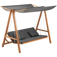 Outsunny 3 Seater Patio Swing Chair Convertible Cushioned Porch Swing Bed with Canopy, Wood Frame for Outdoor, Backyard, Garden(m-2)