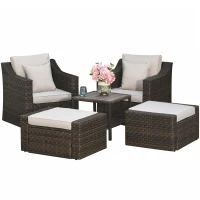 Outsunny 5-Piece  Patio Furniture Set Outdoor Rattan Wicker Conversation Set with 2 Cushioned Chairs, 2 Ottomans and Coffee Table, Replacement Cushion Cover Included, Beige(m-2)