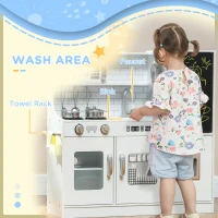 Qaba Pretend Play Kitchen, Kids Kitchen Playset with Play Phone, Chalkboard, Towel Rack & Ice Maker for 3-8 Years White(m-6)
