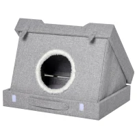 PawHut Cat House Foldable 2 In 1 Design Condo Pet Bed with Removable Washable Cushions Scratching Pad, Grey(m-1)