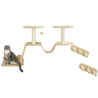 PawHut 3pc Cat Wall Shelves w/ Scratching Post, Perches, Ladder, Steps & Scratching Board, Beige(m-1)