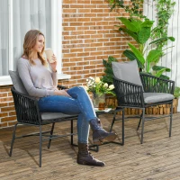 Outsunny Outdoor Dining Chairs Set of 2 Boho Rope Woven Patio Chairs with Cushions for Balcony, Lawn, Garden, Indoor, Dark Grey(m-8)