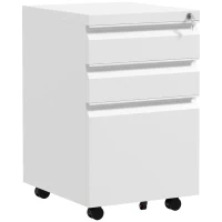 Vinsetto 3 Drawer File Cabinet with Lock, Steel Vertical Filing Cabinet with 5 Wheels and Hanging Bar for A4/Legal/Letter Size Files, Printer Stand with Pre-Assembled Body, White(m-11)