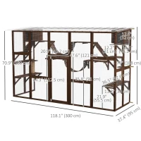 PawHut Large Outdoor Catio with Condos, Platforms, Doors, Ladders, Weather-Resistant Roof, Espresso(m-3)