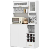 HOMCOM Coffee Bar Cabinet, Kitchen Hutch with Wine Storage, Microwave Countertop, Drawer and Tempered Glass Doors, White(m-2)