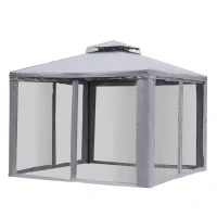 Outsunny 10' x 10' Patio Gazebo Outdoor Pavilion 2 Tire Roof Canopy Shelter Garden Event Party Tent Yard Sun Shade Steel Frame w/ Mosquito Netting Grey(m-11)