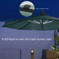 Outsunny 10ft Outdoor Cantilever Hanging Offset Umbrella with Solar LED Lights, Crank, Cross Base, Aluminum Frame, Green(m-4)