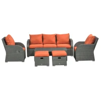 Outsunny Patio Furniture with Cushions, 6 Pieces PE Wicker Patio Sectional Furniture Conversation Set w/ a Three-Seat Sofa, 2 Recliner Chairs, 2 Footstools & Table, Orange(m-12)