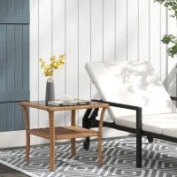 Outsunny Rattan Side Table, Outdoor End Table with Storage Shelf, Aluminum Frame Square, Coffee Table with Tempered Glass Top, Sand(m-10)