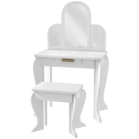 Qaba Kids Dressing Table and Chair Set, Girls Dressing Set, Makeup Desk with Drawer for 3-6 Years Old Kids, White(m-11)