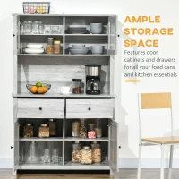HOMCOM 63.5" Kitchen Buffet with Hutch, Pantry Storage Cabinet with 4 Shelves, Drawers, Framed Glass Doors, Open Microwave Countertop, Ash Grey(m-4)