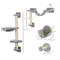 PawHut 5pc Cat Wall Shelves with Hammock, Perches, Ladder, Scratching Post(m-3)