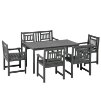 Outsunny 6 Piece Patio Dining Set, Outdoor Poplar Wood Furniture Set, Umbrella Hole Table and Chairs with Bench for Porch, Backyard, Balcony, Outside Garden, Dark Gray(m-11)