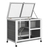 PawHut Indoor Rabbit Hutch with Wheels, Bunny Cage Guinea Pig House W/ Top Access, Ramp, Pull Out Tray, Grey(m-10)