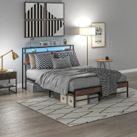 HOMCOM Queen Size Bed Frame with LED Lights and Charging Station, Queen Bed Frame with Storage Headboard, Noise-Free, Walnut(m-8)