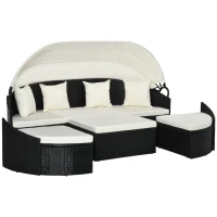 Outsunny 4 Pieces Patio PE Wicker Round Daybed, Outdoor Rattan Garden Lounge Furniture Sets, Cream(m-2)