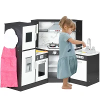 Qaba Play Kitchen Set for Kids w/ Apron and Chef Hat, Ice Maker Brown(m-11)