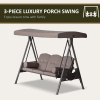 Outsunny 3-Seat Patio Swing Chair, Outdoor Porch Swing Glider with Adjustable Canopy, Removable Cushion, Pillows and Side Trays, for Garden, Poolside, Backyard, Brown(m-7)