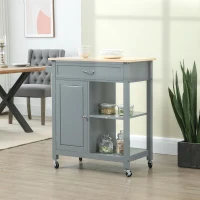 HOMCOM Kitchen Island Cart, Rolling Kitchen Island with Storage Shelf, Solid Wood Top, Drawer, for Dining Room, Gray(m-10)