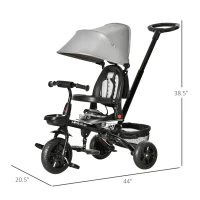 Qaba Kids Tricycle, 4 in 1 Foldable Trike with Reversible Seat, Adjustable Parent Handle, Safety Harness, Wheel Brakes, Removable Canopy, Storage, Tricycle for Toddlers 1-5 Years, Gray(m-3)