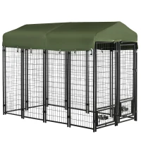 PawHut Outdoor Dog Kennel, Lockable Pet Playpen Crate, Welded Wire Steel Fence, Rotating Bowl Holders, Green(m-11)