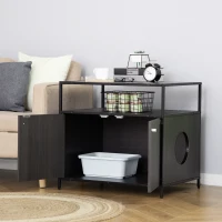 PawHut Wooden Cat Litter Box Enclosure, Hidden Kitten Washroom, Indoor End Table with Magnetic Doors & Storage Shelves, Black(m-8)