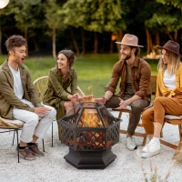 Outsunny Outdoor Fire Pit with Mesh Lid, Portable Wood Burning Firebowl with Poker for Patio, Backyard, Bronze(m-1)