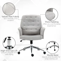 Vinsetto Velvet Home Office Chair, Tufted Height Adjustable Computer Desk Chair with Swivel Wheels and Padded Armrests, Light Gray(m-7)