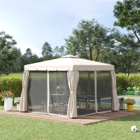 Outsunny 10' x 10' Outdoor Patio Gazebo Double Soft-top Garden Shelter Tent with Beautiful Polyester Curtains, & Mesh Screen Drapes, Cream White(m-8)