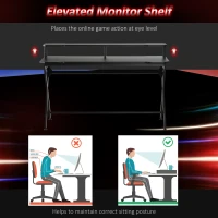 HOMCOM 55 inch Gaming Desk Racing Style Computer Office PC Gamer Workstation with Elevated Monitor Stand, Headphone Hook, Black(m-6)