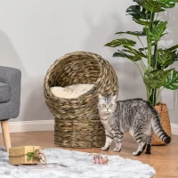 PawHut Wicker Cat Bed with Cushion, Stand, for Indoor Cats, Dark Brown(m-1)