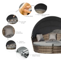 Outsunny 4-Piece Round Convertible Daybed with Cushions, Outdoor PE Rattan Patio Wicker Sofa Set, Sunbed with Adjustable Sun Canopy, Sectional Sofa, 2 Chairs, Table, 3 Pillows, Dark Gray(m-5)